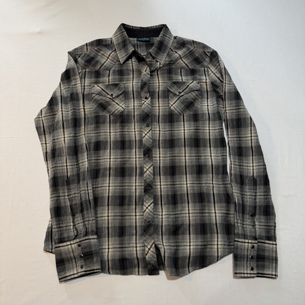 KÜHL Women's Large Plaid Western Shirt Gray Pearl Snap Long Sleeve Outdoor